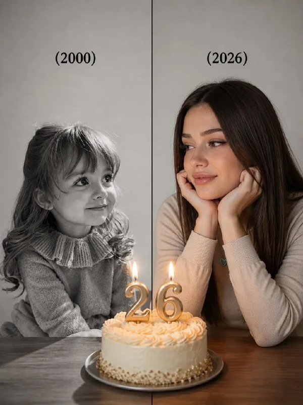 A highly realistic split-time portrait of the same person meeting her younger self. The image is