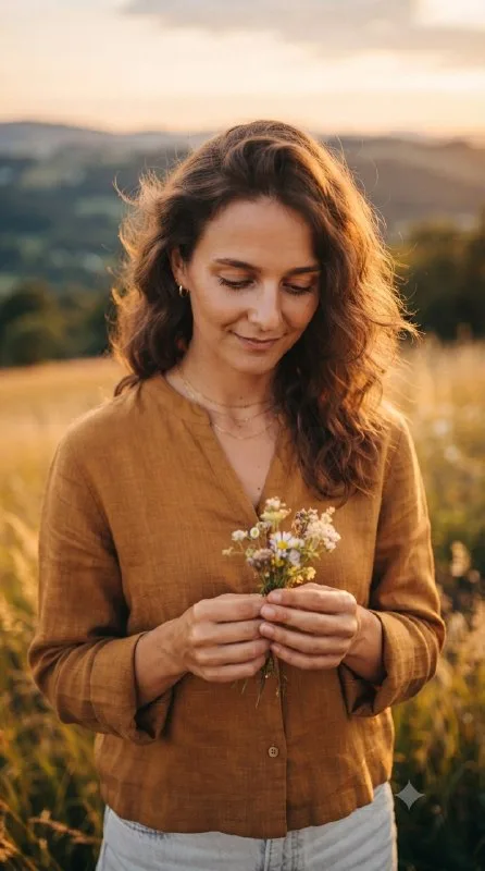 A cinematic, high-quality portrait of a woman with wavy brown hair, captured during a warm golden