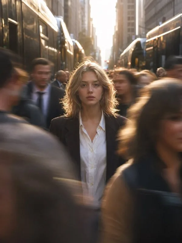 Cinematic street photography of a young woman standing still in the center of a crowded city
