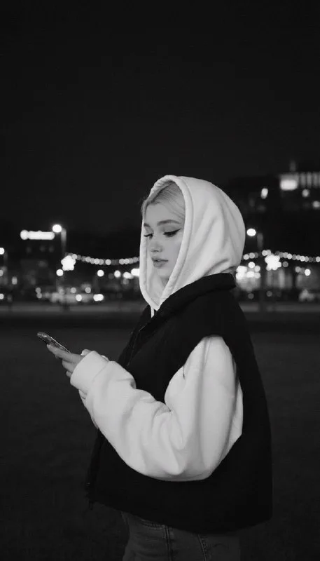 Фотореалистичный случайный Pinterest-style lifestyle кадр, ночная чёрно-белая фотография. Девушка стоит в городском парке, на фоне размытая