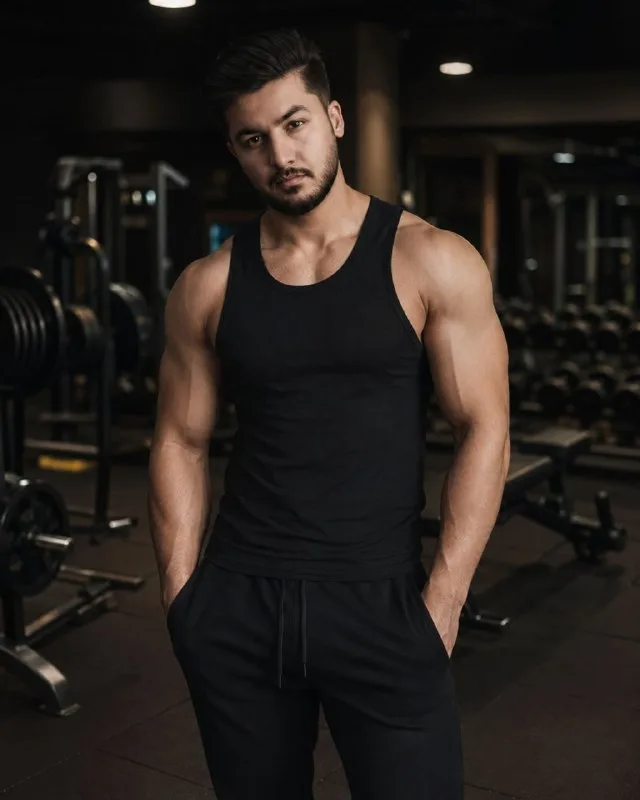 Cinematic editorial portrait of a fit young man with short dark hair styled in a side-part