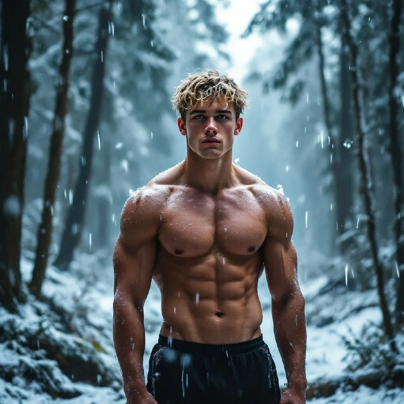 a young gym boy standing in the forest and ice falling around and the weather is