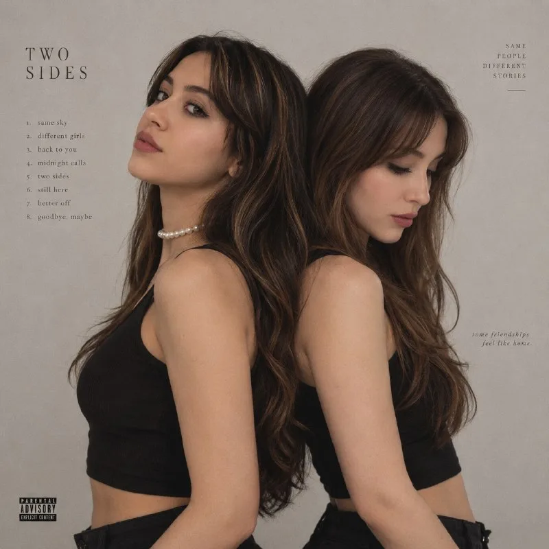 A minimalist album cover photograph of two young women with long dark wavy hair standing back-to-back.
