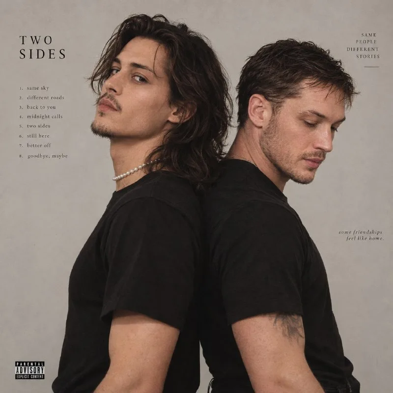 A minimalist album cover photograph of two young men with long dark wavy hair standing back-to-back.