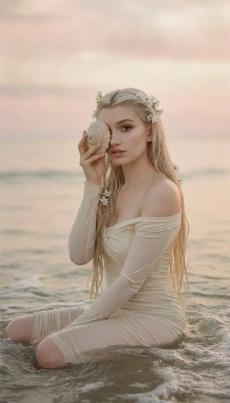 Фотореалистичный романтичный портрет у моря на закате, сохранив черты лица и 100% сходство. Девушка сидит в