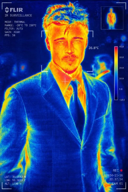 Transform the image into an ultra realistic thermal infrared surveillance scan. Preserve original composi tion and
