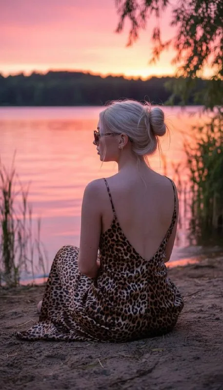 Строго сохранить черты лица, сходство 100%. Кэжуал фото у озера на закате. Девушка сидит на берегу