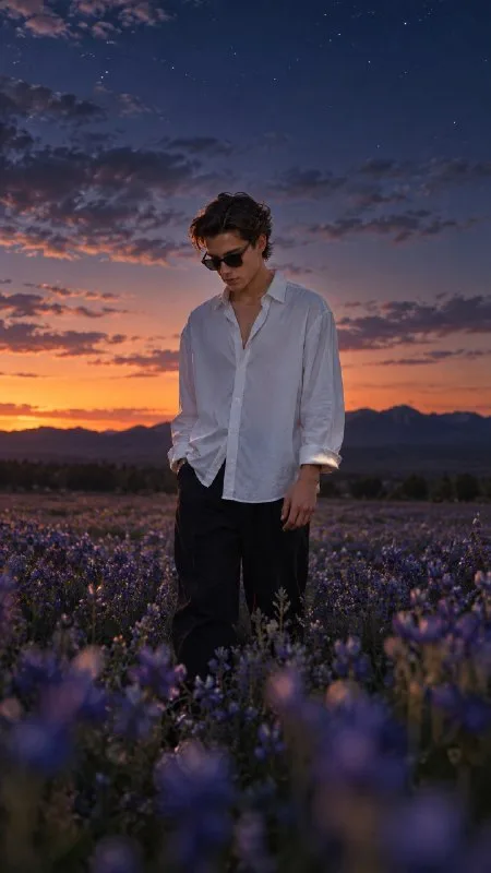 low angle full body cinematic photo of a young man standing alone in the middle of