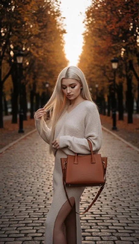 Фотореалистичный осенний golden hour кадр на iPhone 17 Pro. Девушка стоит на брусчатой аллее, кадр по