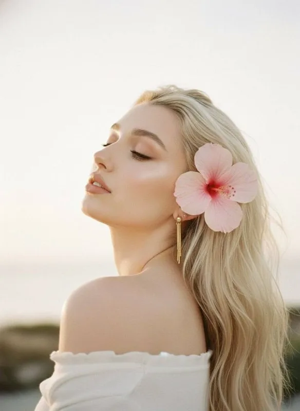 A woman poses outdoors, her body half-turned away from the camera, her head tilted back and