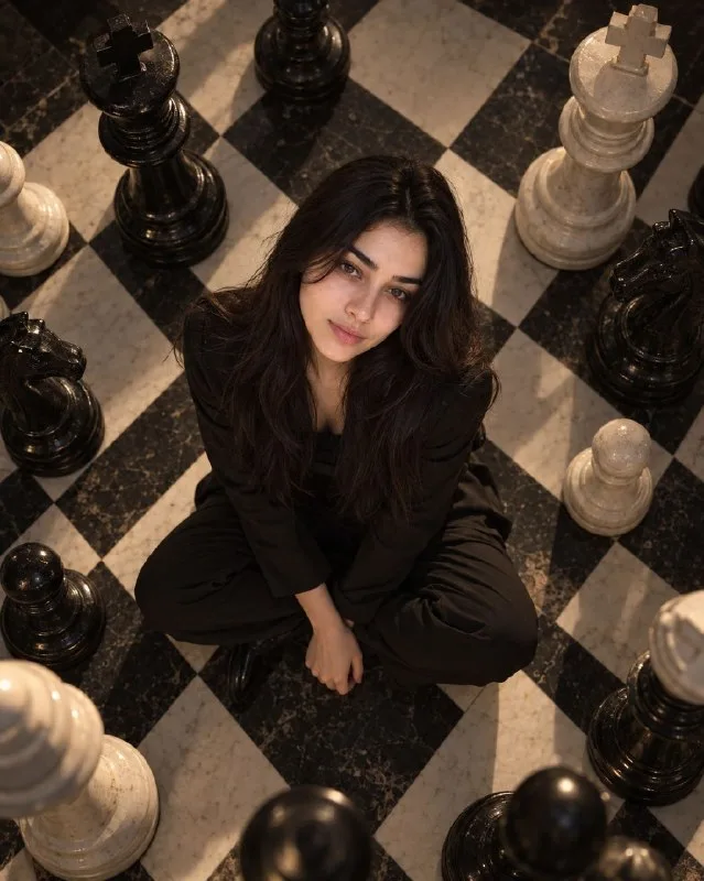 Create a cinematic, high-fashion portrait of the uploaded person sitting cross-legged at the center of a