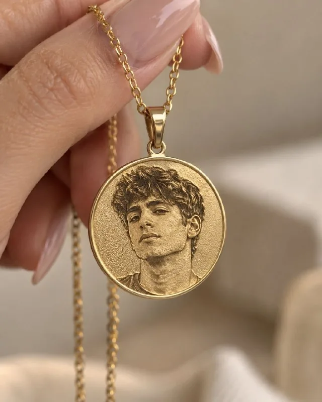 create A photorealistic close-up of a gold pendant necklace held by female hand. The pendant features