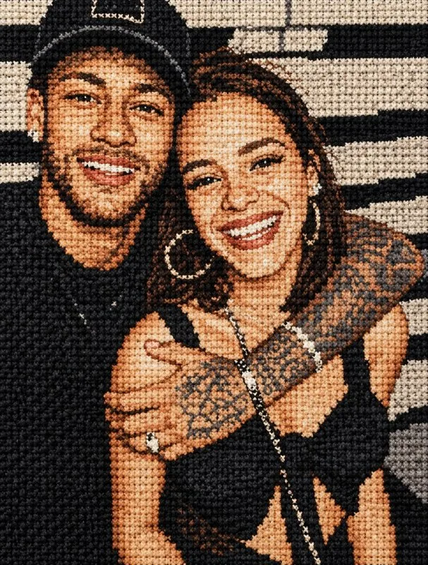 Re-render this entire photo as a bold full-bleed cross-stitch graphic: every part of the image converted