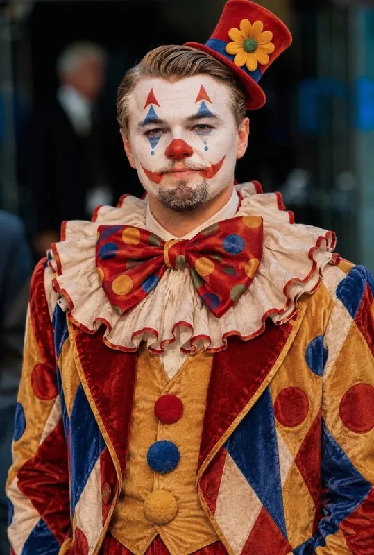 Transform the people in the uploaded image into realistic circus clowns while preserving their exact facial