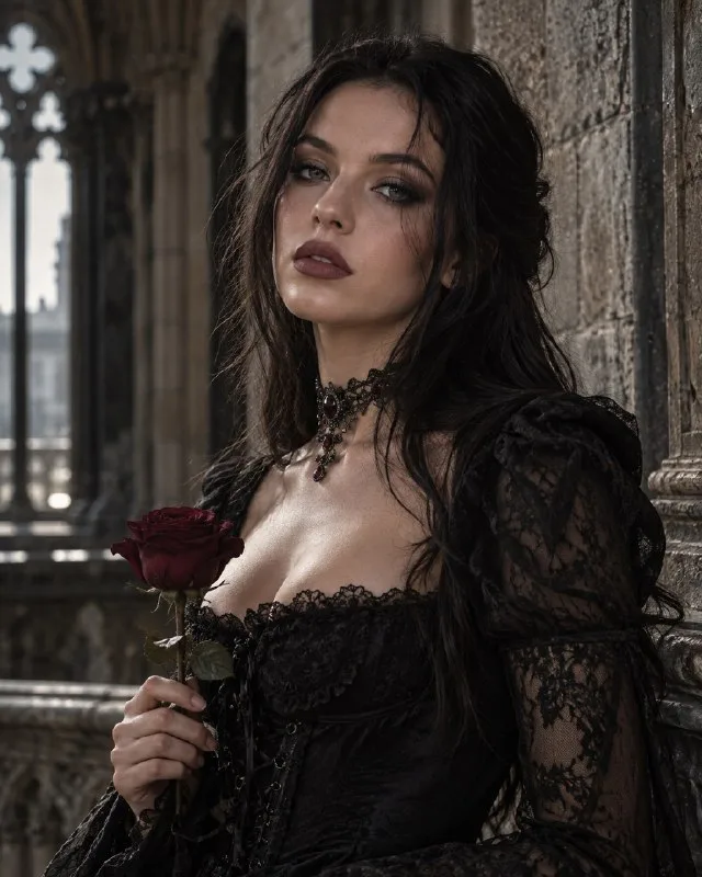 Create ONE photorealistic luxury gothic fashion portrait, vertical 4:5. Use the uploaded image ONLY for facial