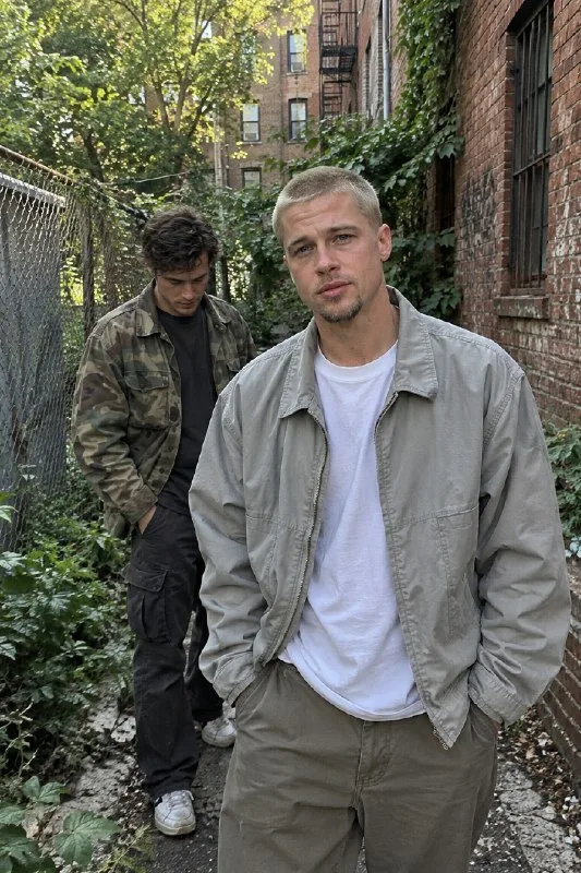 A raw, photorealistic documentary-style portrait of two young men standing in a narrow overgrown urban alleyway.