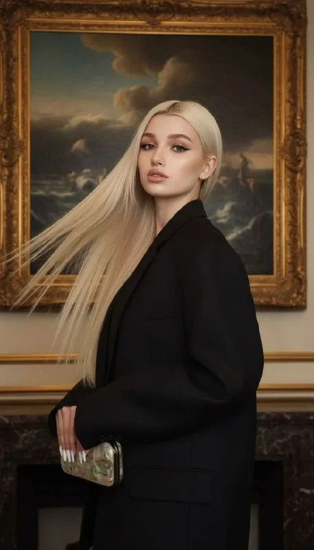 Фотореалистичное фото на iPhone 17 Pro. Девушка с фигурой песочные часы стоит боком, слегка повернув голову