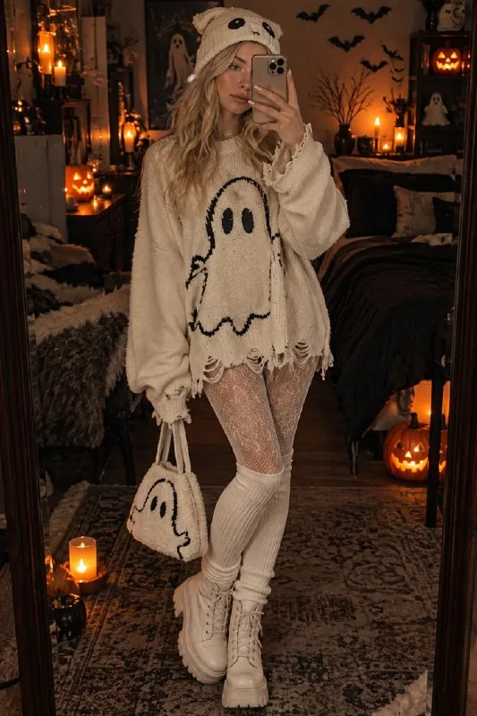 Девушка стоит в уютной комнате в стиле Halloween, снимает себя в большое зеркало. На ней объёмный