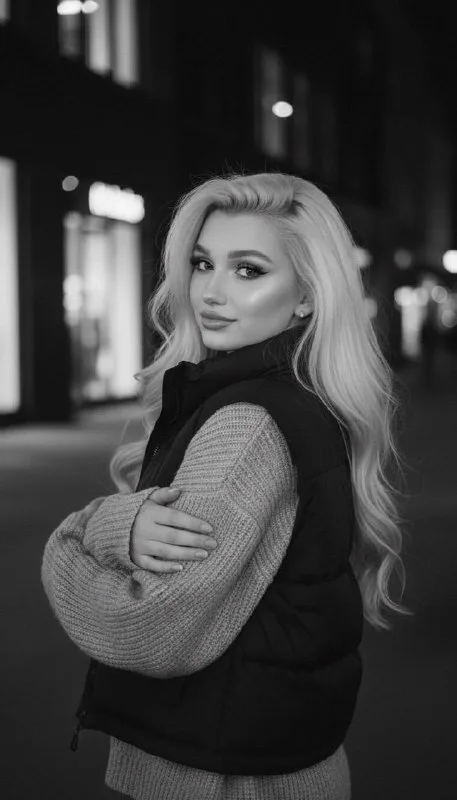 Фотография чёрно-белая, зернистая, снята на iPhone 16, с эффектом плёночной текстуры, со вспышкой. Девушка близко к
