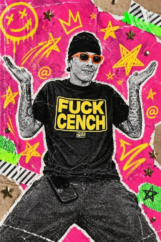 Transform this photo into a bold pop-art punk collage. Convert the subject into a high-contrast black