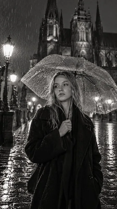 Фотореалистичное чёрно-белое фото. Девушка стоит ночью возле старинной церкви под сильным дождём, держит прозрачный зонт и