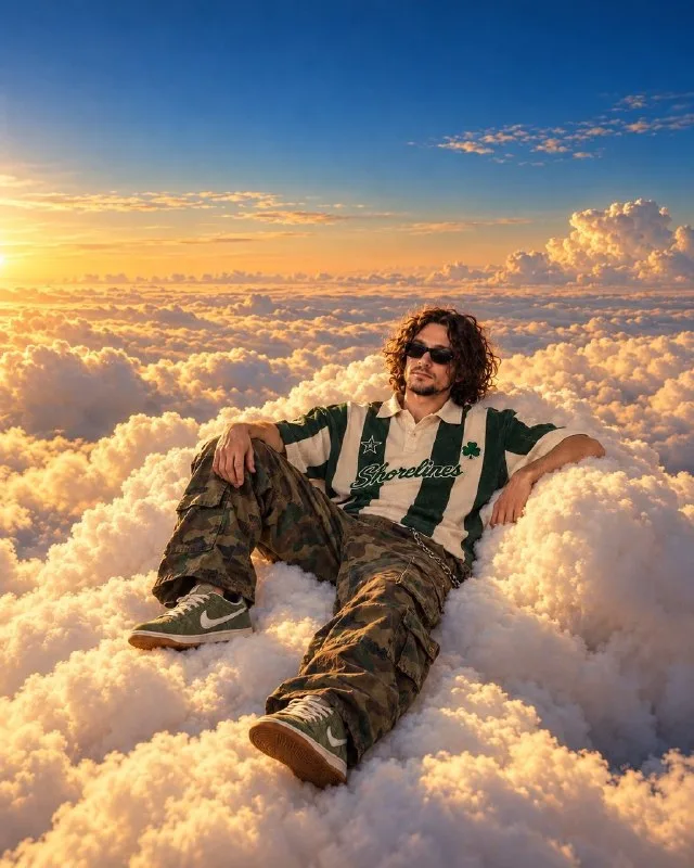 A surreal editorial photograph of the man from the reference photo reclining on a massive cumulus