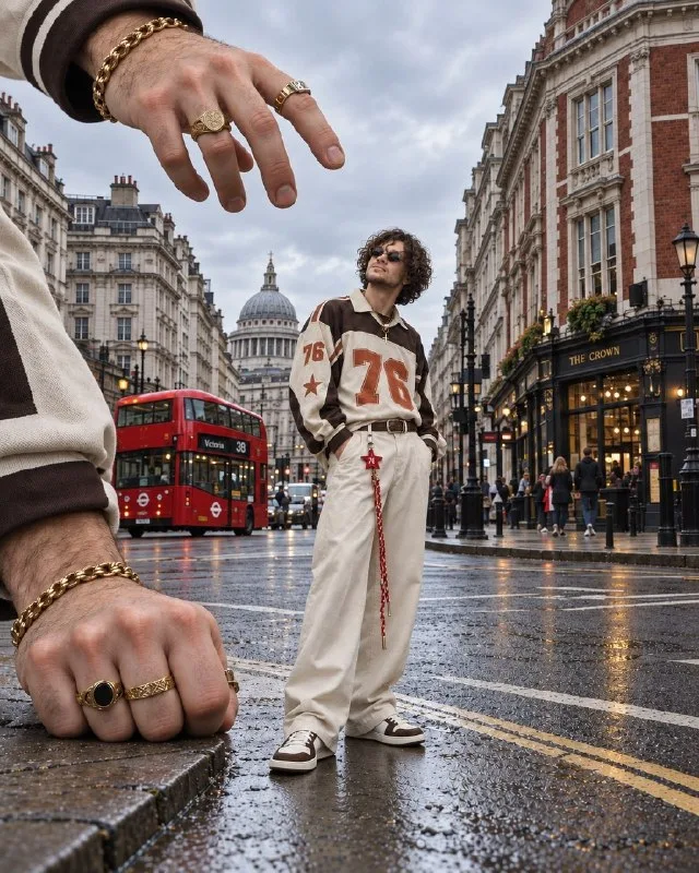 A man from the reference photo stands at true scale on a London street, hands in