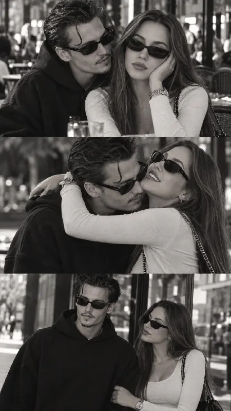 Ultra-photorealistic vertical 9:16 black-and-white three-panel cinematic couple collage, three equal horizontal photos stacked edge-to-edge, no borders.