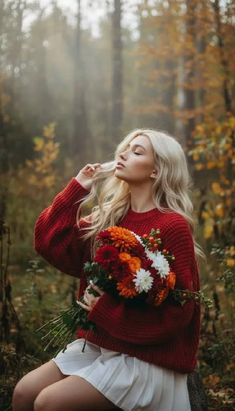 Фотореалистичный кинематографичный осенний портрет, Девушка сидит боком среди осенних деревьев, глаза закрыты, голова слегка запрокинута; одной
