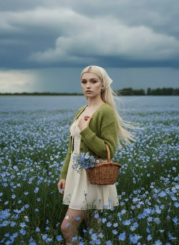 A woman stands in the middle of an endless field of blooming blue flax, slightly turning