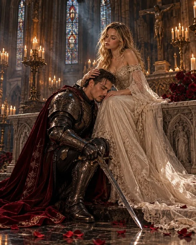 Create a cinematic dark-fantasy portrait of an adult couple inside an ancient Gothic cathedral. A knight
