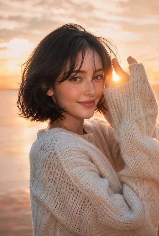 Ultra-realistic candid portrait of a young woman smiling softly during golden hour at sunset, standing outdoors