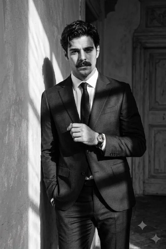 Black and white photo of a man standing by a wall, one hand adjusting his wristwatch,