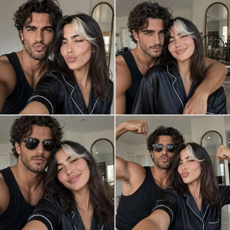 Ultra-realistic Instagram-style collage of a young fashionable couple taking multiple selfies indoors, modern luxury apartment setting,