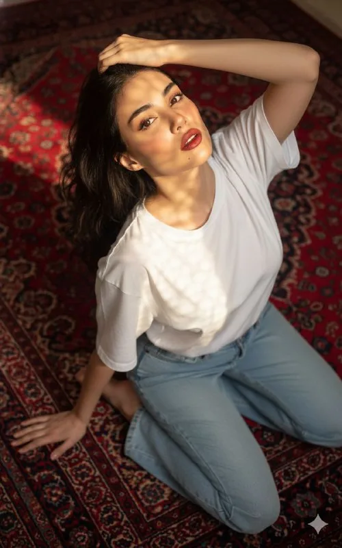 Sitting with forearm on head, head tilted upwards and to the right, with a sweet gaze