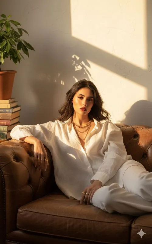 A stylish woman resting casually on a vintage
