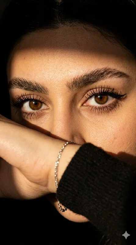 An extreme close-up of a woman's natural eyes and upper face, shot with an 85mm or