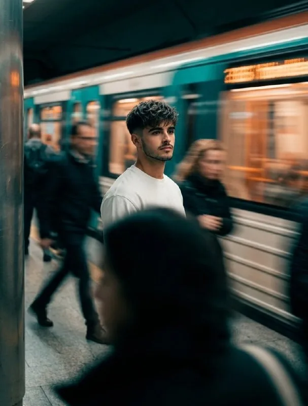 Cinematic urban scene of a man as per reference photo standing still on a subway platform