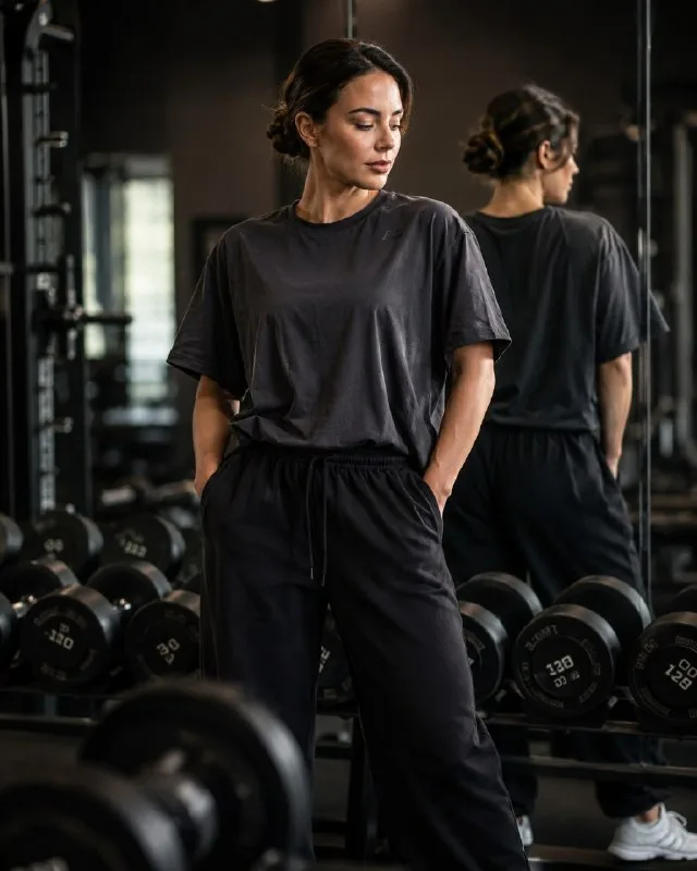 Ultra-realistic fitness editorial photography, athletic muscular female athlete standing naturally in a premium commercial gym before
