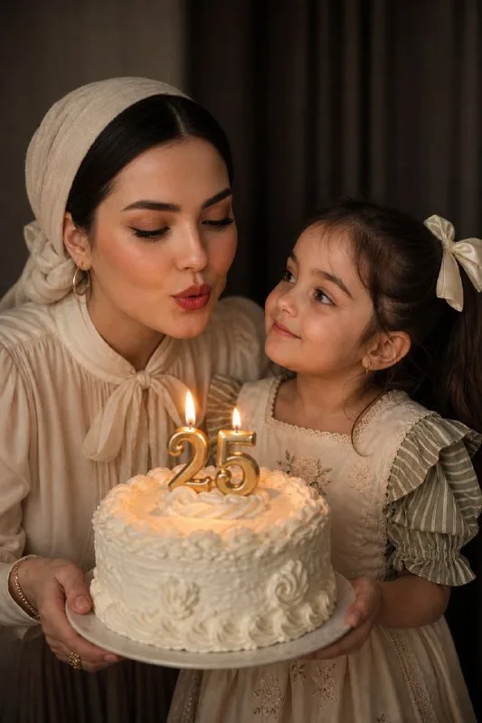 Ultra-realistic intimate birthday portrait, vertical 2:3 composition, cozy indoor home setting, dark neutral curtain background, soft
