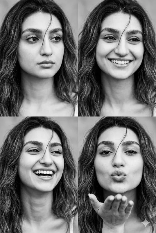 A 2x2 collage of four black-and-white portraits of a young woman. Vertical format, high quality, soft