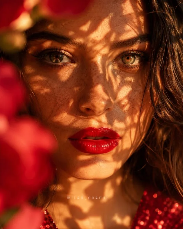 Extreme close-up beauty portrait of [SUBJECT, replace with photo], face filling the frame, warm golden-hour sunlight