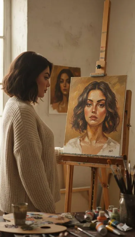 A cinematic, realistic studio scene of a young woman standing beside an easel, quietly observing an