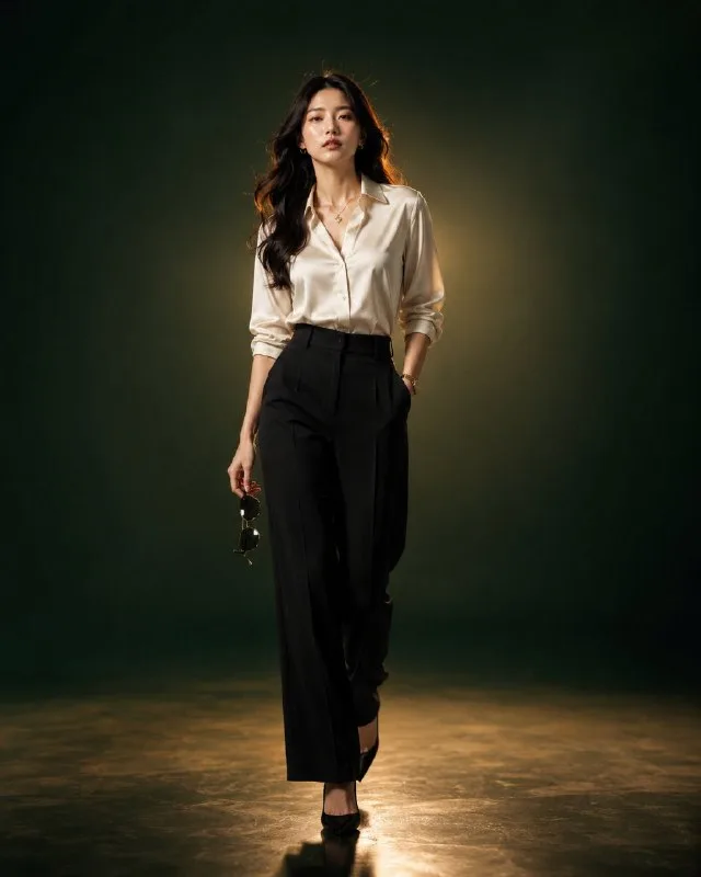 An ultra-premium luxury fashion editorial portrait of a beautiful young East Asian woman with long, naturally