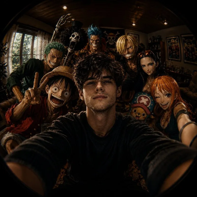 Ultra-wide fisheye selfie shot, anime crossover group selfie inside a cozy modern living room, the viewer's