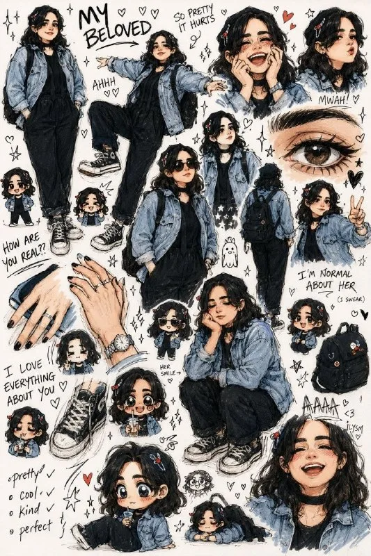 Draw me as if an obsessed fan artist filled an entire sketchbook page - messy, overlapping,